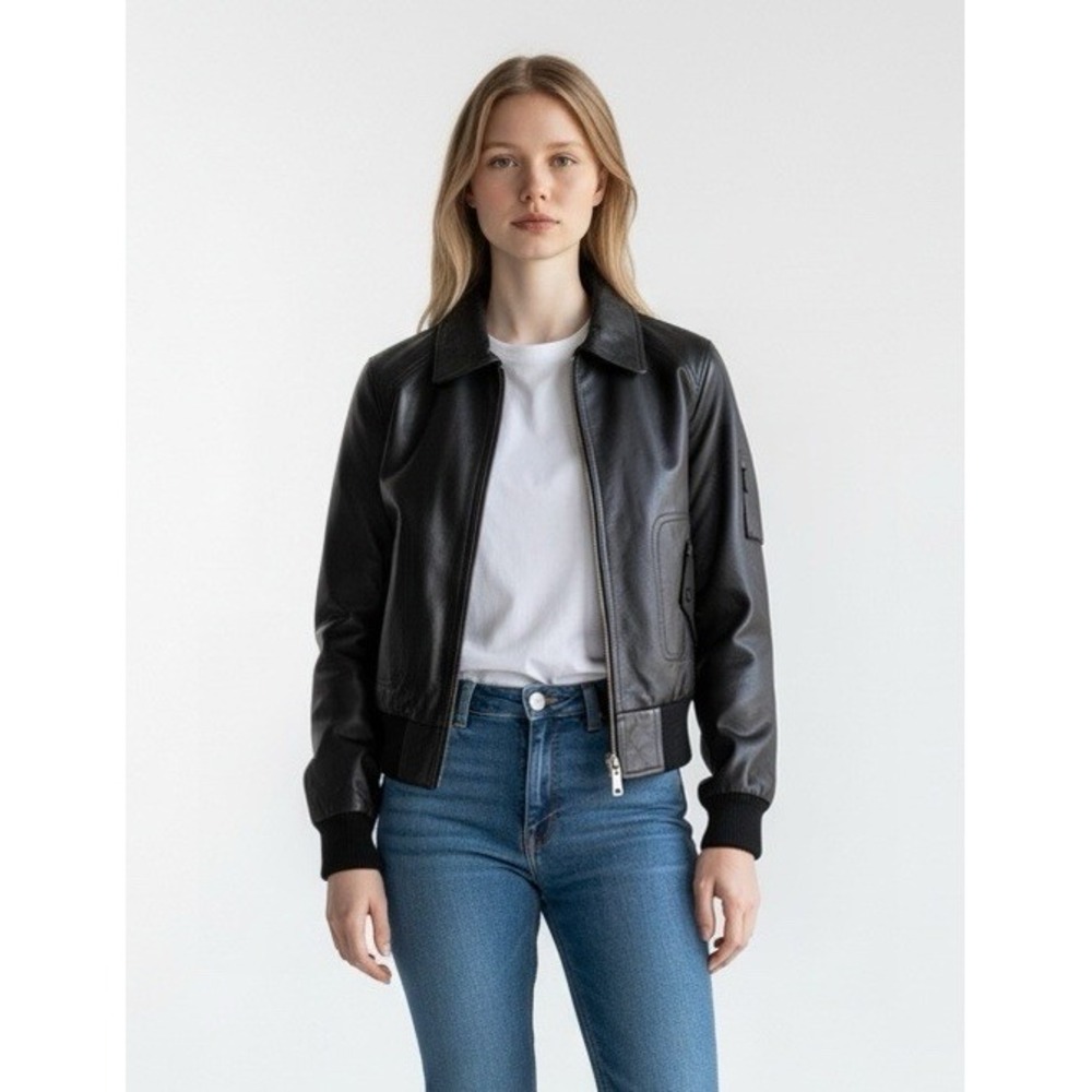 J.Crew Women's S Petite Black Leather Bomber Jacket Cropped Flight Aviator Moto